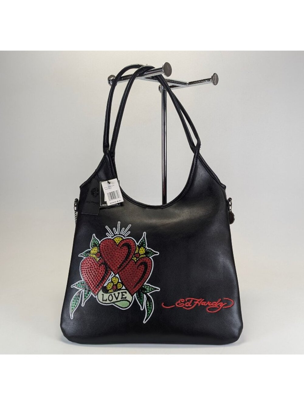 Ed Hardy Tote Bag Large Black Sacred Heart Love Rhinestone Y2K Purse New